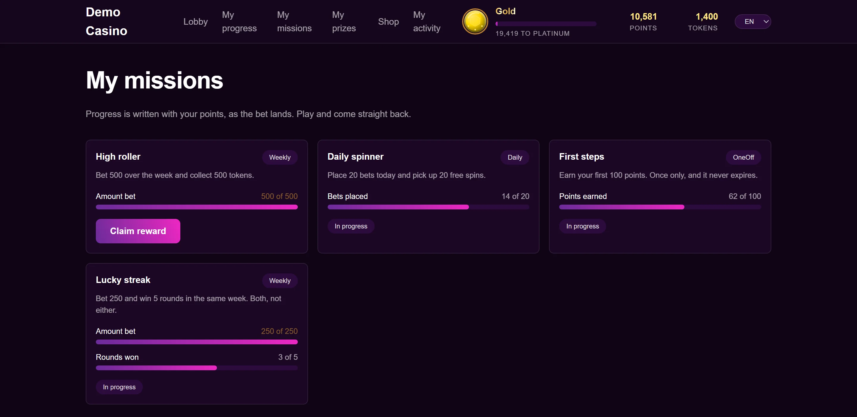 Player missions screen: four missions with a progress bar each, showing figures such as 14 of 20 bets placed, and a claim button on the one already completed