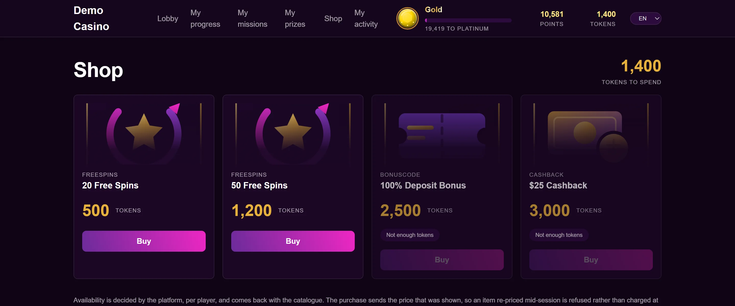 Token shop: four items priced in tokens, two of them buyable and two greyed out with a not-enough-tokens label